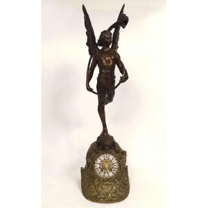 Large Bronze Clock Archangel St Michael Dragon Helmet Rooster River XIXth