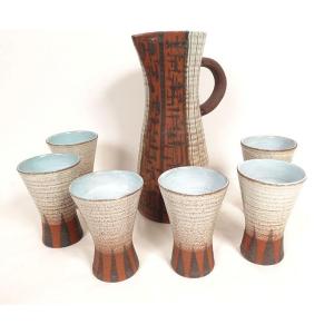 Accolay Ceramic Orangeade Set, Pitcher, Jug, 6 Glasses, Tumblers, 20th Century