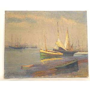 Hst Marine Painting M. Pellerier Fishing Boats Port Brittany Douarnenez 20th Century