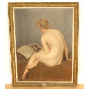 Large Hst Painting By Léon Galand, Nude Woman Reading, Exhibition Salon 1943