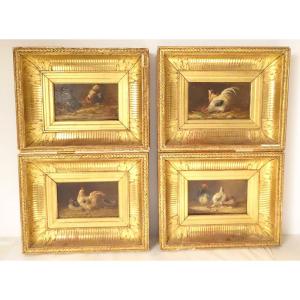 4 Hsp Paintings Hens Fighting Cocks Farmyard Henhouse Gilded Frame 19th Century
