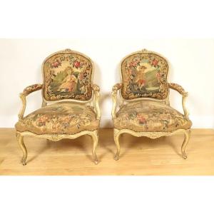 Pair Of Louis XV Armchairs In Wood With Aubusson Tapestry, Fable Fontaine, 18th Century