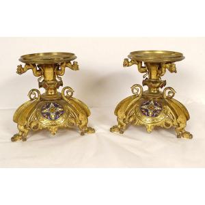 Pair Of Neo-gothic Candlesticks, Gilded Bronze, Enamel, Dragons, 19th Century