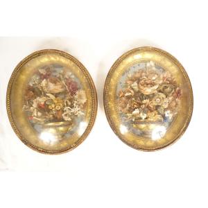 Pair Of Oval Frames Medallions Gilded Married Vases Flowers Fabric Empire 19th Century