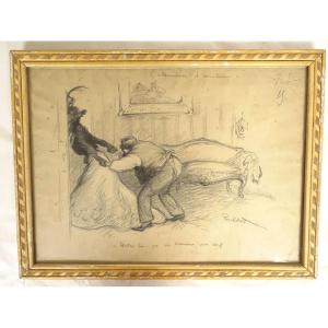 Drawing Francisque Poulbot Naughty Scene Elegant Couple Bedroom Humor 20th Century