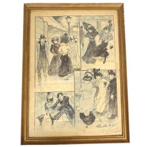 Watercolor Drawing Francisque Poulbot Elegant Paris Scenes Humor Dandy 20th Century