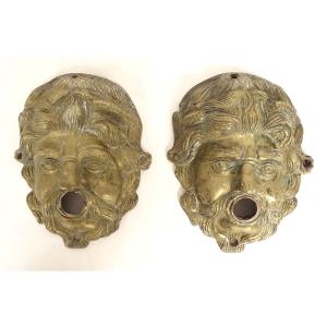 Pair Of Fountain Masks, Mascarons, Head Of The Potamoi River God, Bronze, 17th Century