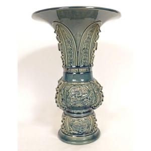 Gu Théodore Deck Vase, Greber,  Glazed Earthenware, Chinoiserie, Oriental Dragon, 19th Century