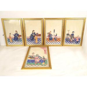 5 Chinese Paintings On Rice Paper, Mandarin Women Servants, Canton, 19th Century