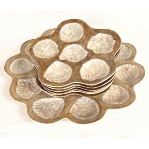 Marcel Guillot Ceramic Oyster Set With 6 Plates, 20th Century