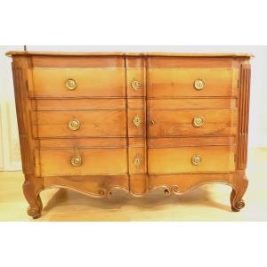 Louis XV Chest Of Drawers With Crossbow Doors, Carved Walnut, Gilt Bronze, 18th Century