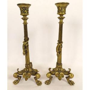 Pair Of Gilt Bronze Candlesticks With Salamander Lizards, Barbedienne Style, Napoleon III Period, 19th Century