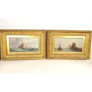 Pair Of Oil Paintings On Canvas, Marine Art By William Calcott Knell, Fishing Boats, Landscape, 19th Century