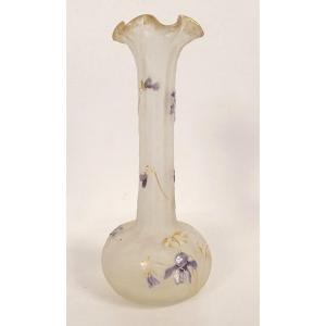 Soliflore Vase In Frosted Enameled Glass By Legras Montjoye, Violets, Art Nouveau, 19th Century