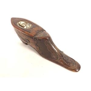 Snuffbox, Shoe, Carved Wood, Marquetry Portrait, Folk Art, 19th Century