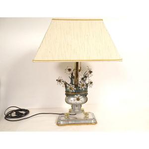 Crystal Glass Lamp, Painted Metal Vase, Flowers, Banci Florence, Maison Baguès, 20th Century