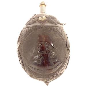 Powder Flask, Coconut Shell, Napoleon Profile, War Attributes, Helmet, 19th Century