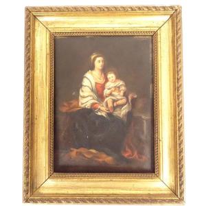 Small Oil Painting On Panel, Virgin And Child With Rosary, After Murillo, 19th Century
