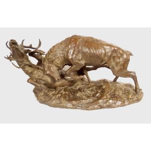 Large Bronze Sculpture By Ernest Dagonet, Depicting Deer Fighting, 80cm, 19th Century
