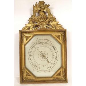 First Empire Barometer, Gilded Carved Wood, Torricelli System, Flower Basket, 19th Century