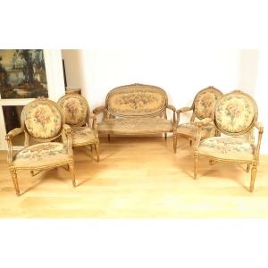 Louis XVI Drawing Room, Armchairs, Sofa, Gilded Wood, Aubusson Tapestry, Napoleon III, 19th Century