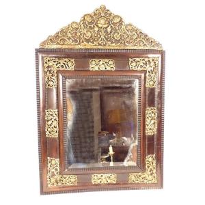 Louis XIV Style Mirror With Repoussé Brass, Walnut, Rosewood, Flowers, And Birds, 18th Century