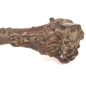 Antique Walking Stick Carved From A Single Block Of Wood With A Lion's Head Figure, Folk Art, 19th Century