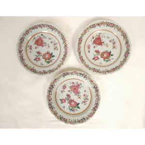 Three Porcelain Dishes, Compagnie Des Indes Famille Rose Peonies, Qianlong Period, 18th Century