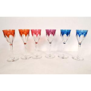 6 Colored Crystal Rhine Wine Glasses By Baccarat, Genova, Saint-louis, And Bristol, 20th Century