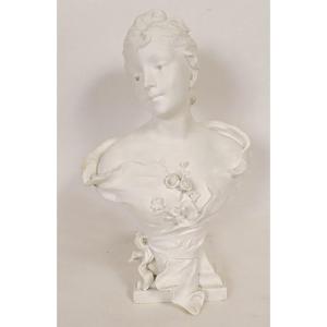 Sculpture Bust Of A Woman, Sylvain Kinsburger, Limoges Biscuit Porcelain, Art Nouveau, 19th Century