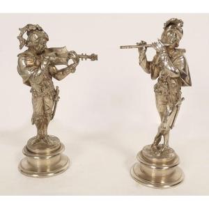 Pair Of Sculptures By Emile Guillemin Depicting Renaissance Musicians In Silvered Bronze, 19th Century