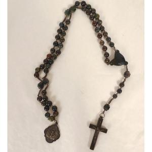 19th Century Agate Moss Rosary, Metal Cross, Crucifix, Chalice