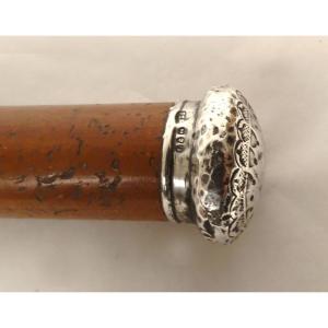Antique Walking Stick With Solid Silver English Handle And Malacca Cane Wood, 19th Century