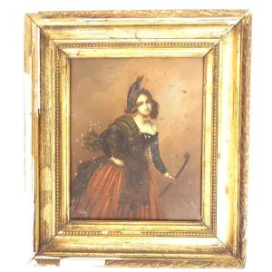 Hsp Painting Portrait Of An Elegant Woman With A Riding Crop And A Fox Hunting Trophy, 19th Century