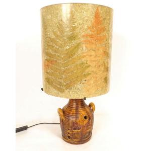 Large Ceramic Lamp By Potiers Accolay, Resin Lampshade With Fern Motif, 20th Century