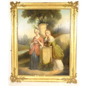Large Oil Painting Of Two Women, 18th Century, Romantic Letter, 19th Century Stuccoed Frame