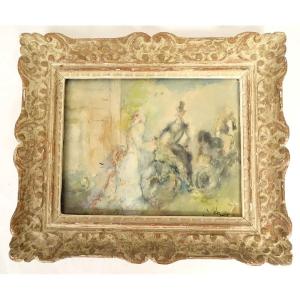 Russian Watercolor By Artur Vladimirovich Fonvizin, Elegant Woman In A Carriage, 20th Century