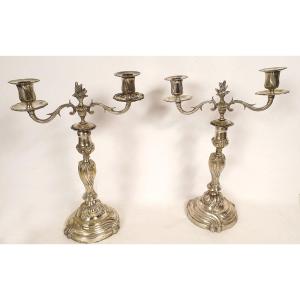 Pair Of Louis XV Silvered Bronze Rocaille Two-light Candelabra, 18th Century
