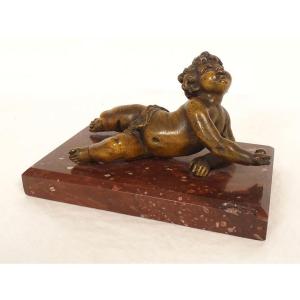 19th Century Cherub Putto Sculpture Paperweight In Red Marble