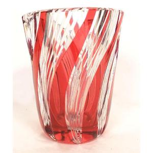 Twisted Cut Crystal Vase, Red Color, Saint-louis, France, Early 20th Century