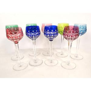 9 Saint-louis Roemers Rhine Crystal Wine Glasses, Traminer Pattern, 20th Century