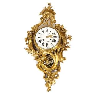 Large Louis XV Gilt Bronze Rococo Wall-mounted Cartel Clock With Pink Flowers, Quinette, 19th Century