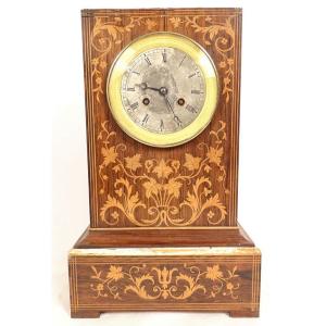 Charles X Mantel Clock In Rosewood Marquetry With Flowers And Foliage, 19th Century