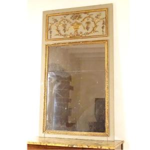 Louis XVI Style Gilt Lacquered Wood Trumeau Mirror With Urn, Fruit, Foliage, And Glass Decoration (18th Century)