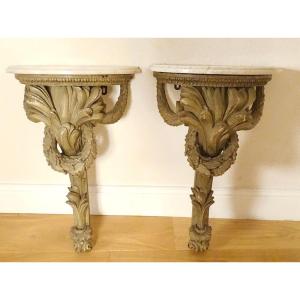 Pair Of Wall-mounted Consoles/pedestals In Carved Wood And White Marble, 18th Century