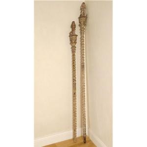 2 Processional Staffs, Confraternity, Painted, Carved, Twisted Wood, Holy Virgin, 17th Century