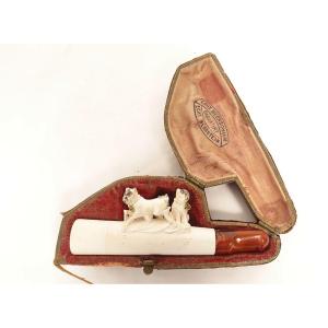 Amber Cigarette Holder With Meerschaum Carving, Pug Dogs, Case, 19th Century