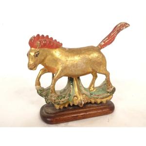 Small Chinese Horse Sculpture, Carved Wood, Lacquered And Gilded, Qing Dynasty, 18th Century, China