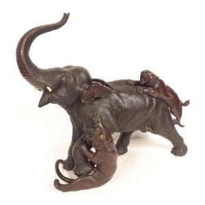 Bronze Sculpture Of Elephant And Tigers By Omori Mitsumoto Kogen, Meiji Period, Japan, 19th Century