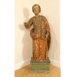 Large Sculpture Of Saint Peter, Polychrome Carved Wooden Religious Statue, 17th Century